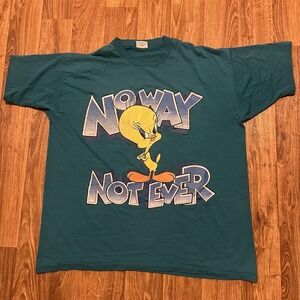 Vintage 90s Tweety Bird Shirt Adult 2XL Teal Looney Tunes No‎ Way Not Ever AOP